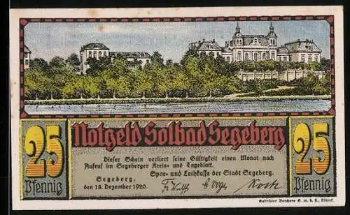 Notgeld Segeberg 1920, 25 Pfennig, Wappen und Teilansicht mit Flusspartie