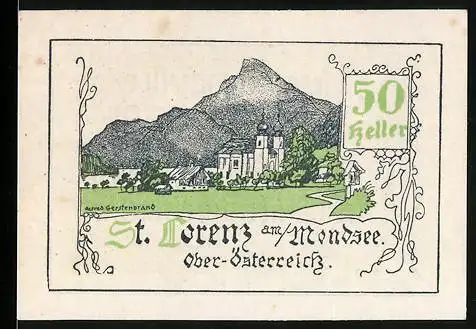 Notgeld St. Lorenz am Mondsee, 50 Heller, Ortsansicht mit Berg