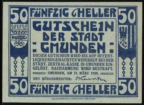Notgeld Gmunden 1920, 50 Heller, Wappen und Kirchturm