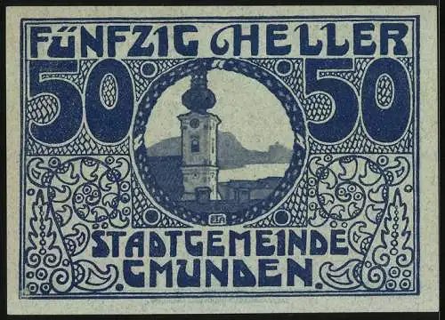 Notgeld Gmunden 1920, 50 Heller, Wappen und Kirchturm