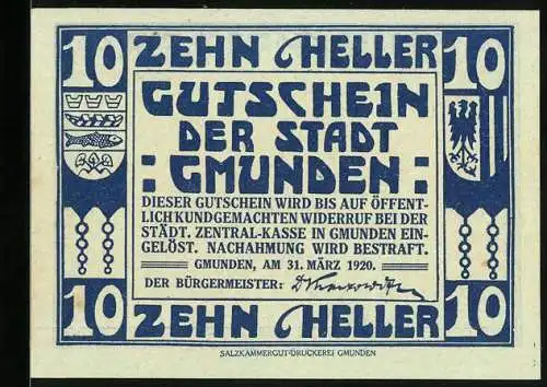 Notgeld Gmunden 1920, 10 Heller, Segelboot auf dem Wasser