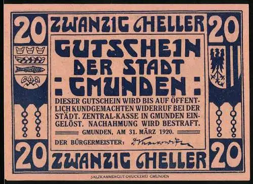 Notgeld Gmunden 1920, 20 Heller, Wappen und Arbeiter