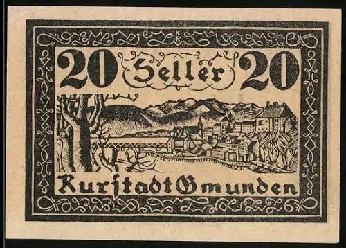 Notgeld Gmunden 1920, 20 Heller, Wappen und Stadtansicht