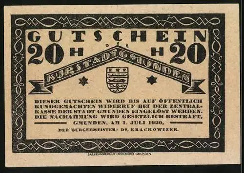 Notgeld Gmunden 1920, 20 Heller, Wappen und Stadtansicht