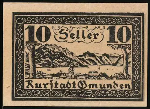 Notgeld Gmunden 1920, 10 Heller, Wappen und Stadt mit Bergen