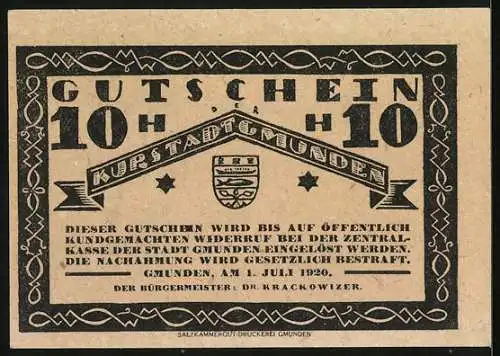 Notgeld Gmunden 1920, 10 Heller, Wappen und Stadt mit Bergen