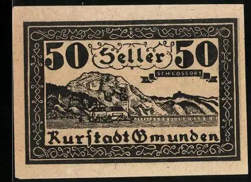 Notgeld Gmunden 1920, 50 Heller, Wappen und Stadt mit Bergen