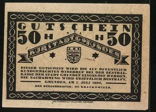 Notgeld Gmunden 1920, 50 Heller, Wappen und Stadt mit Bergen