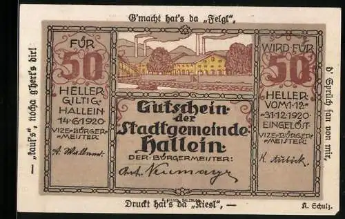 Notgeld Hallein 1920, 50 Heller, Industrie und Figur mit Fackel
