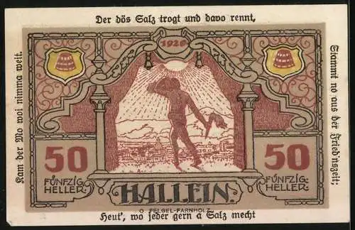 Notgeld Hallein 1920, 50 Heller, Industrie und Figur mit Fackel