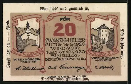 Notgeld Hallein 1920, 20 Heller, Kirche und Stadtansicht