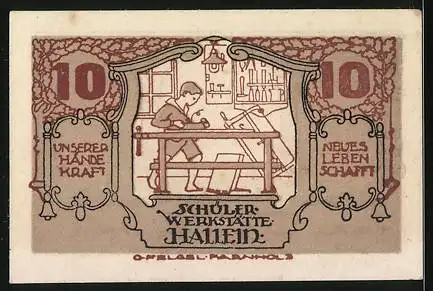 Notgeld Hallein 1920, 10 Heller, Schüler in der Werkstätte
