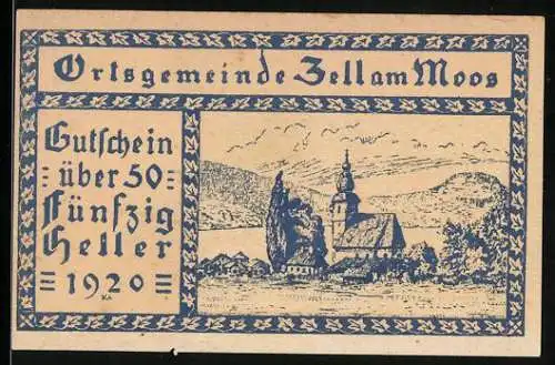 Notgeld Zell am Moos 1920, 50 Heller, Blick auf die Kirche