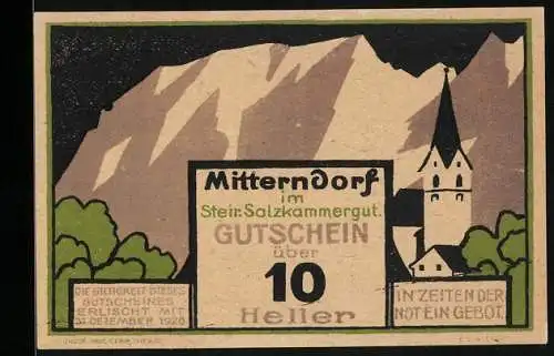Notgeld Mitterndorf /Salzkammergut 1920, 10 Heller, Kirche vor Bergwand