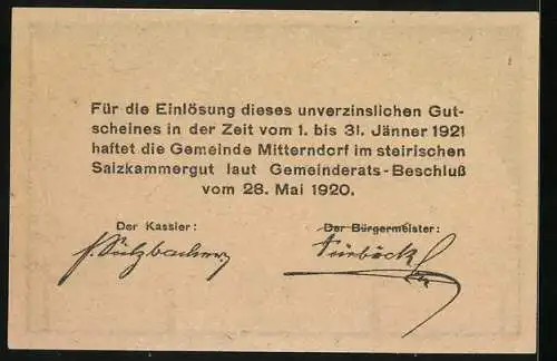 Notgeld Mitterndorf /Salzkammergut 1920, 10 Heller, Kirche vor Bergwand