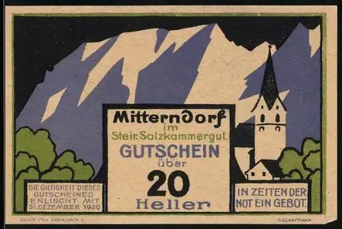 Notgeld Mitterndorf /Salzkammergut 1920, 20 Heller, Kirche vor Bergwand