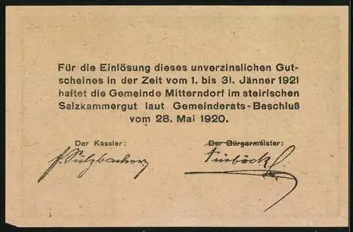 Notgeld Mitterndorf /Salzkammergut 1920, 20 Heller, Kirche vor Bergwand