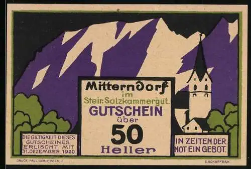 Notgeld Mitterndorf /Salzkammergut 1920, 50 Heller, Kirche mit Bergwand