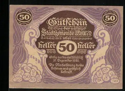Notgeld Melk a. d. Donau 1920, 50 Heller, Blick auf die Abtei