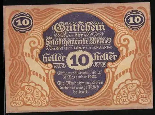 Notgeld Melk a. d. Donau 1920, 10 Heller, Ortspartie mit Abtei