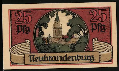 Notgeld Neubrandenburg 1921, 25 Pfennig, Mauer und Kirche