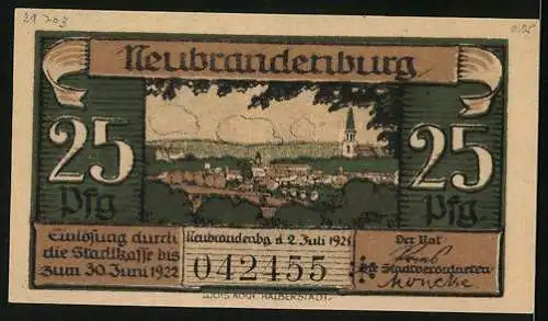 Notgeld Neubrandenburg 1921, 25 Pfennig, Mauer und Kirche