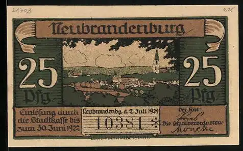 Notgeld Neubrandenburg 1921, 25 Pfennig, Das Belvedère