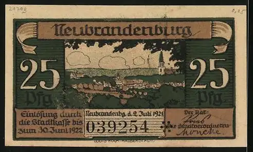 Notgeld Neubrandenburg 1921, 25 Pfennig, Blick zum Belvedère