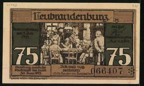 Notgeld Neubrandenburg 1921, 75 Pfennig, Fritz Reuter im Ratskeller