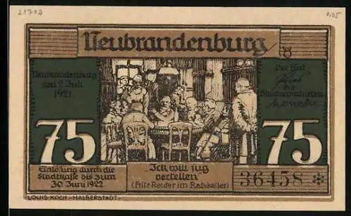 Notgeld Neubrandenburg 1921, 75 Pfennig, Fritz Reuter am Tisch im Ratskeller