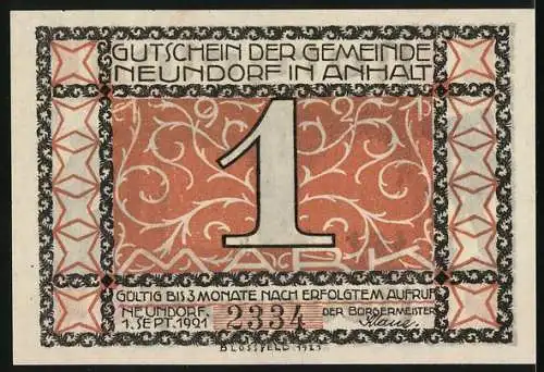 Notgeld Neundorf i. Anh. 1921, 1 Mark, Kinder unter dem grossen Baum