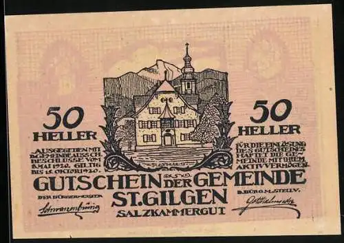 Notgeld St. Gilgen /Salzkammergut 1920, 50 Heller, Bergseepanorama