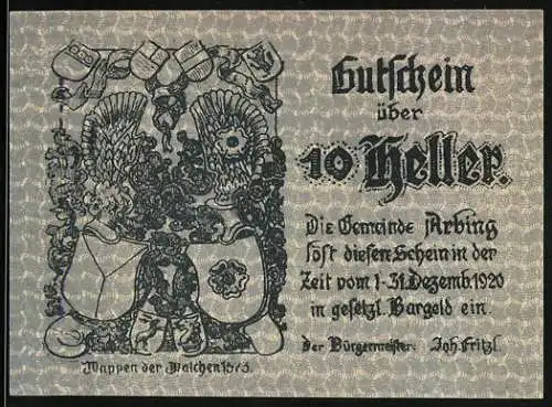 Notgeld Arbing 1920, 10 Heller, Die Kirche, Wappen der Walchen 1573
