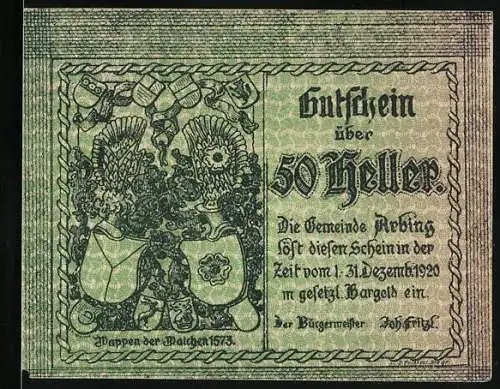 Notgeld Arbing 1920, 50 Heller, Wappen der Walchen 1573, Alt-Arbing 1672
