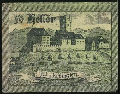 Notgeld Arbing 1920, 50 Heller, Wappen der Walchen 1573, Alt-Arbing 1672