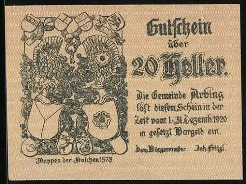 Notgeld Arbing 1920, 20 Heller, Ortsansicht mit dem Turm