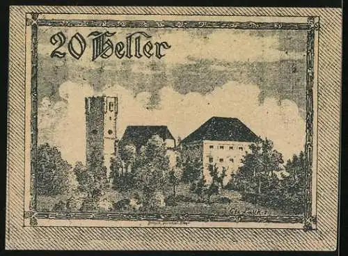 Notgeld Arbing 1920, 20 Heller, Ortsansicht mit dem Turm