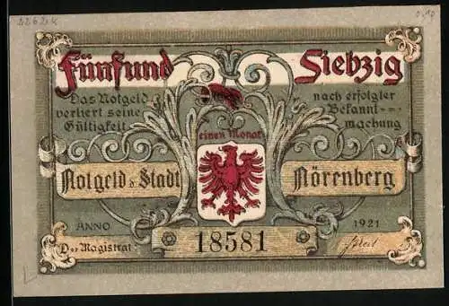 Notgeld Nörenberg 1921, 75 Pfennig, Hummer reitet auf weissem Ross