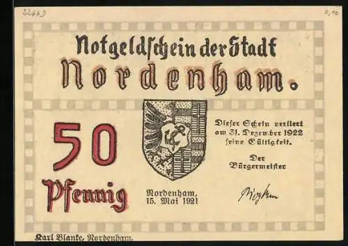 Notgeld Nordenham 1921, 50 Pfennig, Kirchlein zwischen kahlen Bäumen