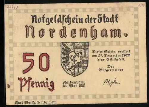Notgeld Nordenham 1921, 50 Pfennig, Kirche zwischen kahlen Bäumen