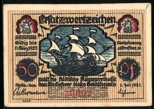 Notgeld Stettin 1921, 50 Pfennig, Dreimaster, Karl Löwe, Organist an St. Jakobi