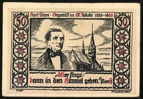 Notgeld Stettin 1921, 50 Pfennig, Dreimaster, Karl Löwe, Organist an St. Jakobi