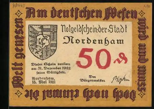 Notgeld Nordenham 1921, 50 Pfennig, Ortsansicht aus der Vogelschau
