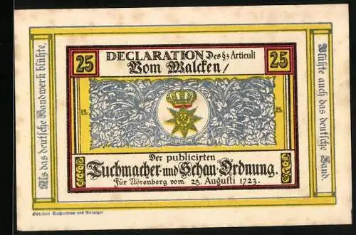 Notgeld Nörenberg i. Pomm. 1921, 25 Pfennig, Die Tuchmacher- und Schau-Ordnung, Landkarte