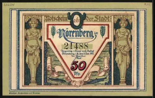 Notgeld Nörenberg i. P. 1921, 50 Pfennig, Riesiger Hummer beim Schmied
