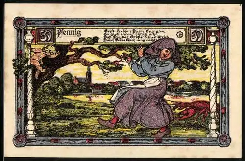 Notgeld Nörenberg i. P. 1921, 50 Pfennig, Hummer jagt eine Frau
