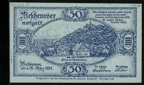 Notgeld Nöschenrode 1921, 50 Pfennig, Ortsansicht mit Blick zum Schloss