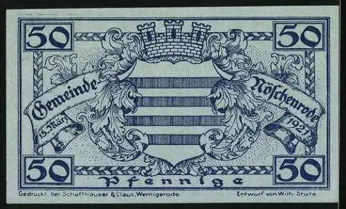 Notgeld Nöschenrode 1921, 50 Pfennig, Ortsansicht mit Blick zum Schloss