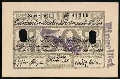 Notgeld Nürnberg und Fürth 1918, 50 Pfennig, Kontroll-Nr. 41316