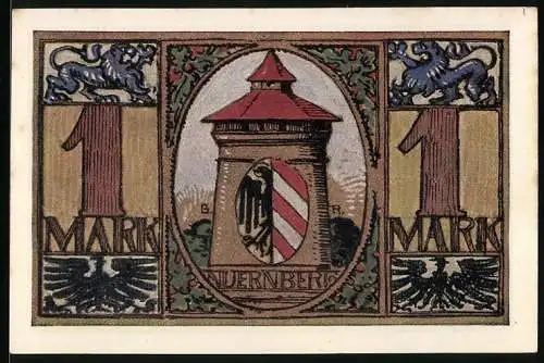 Notgeld Nürnberg 1921, 1 Mark, Hilfsschein der Notgeld-Ausstellung, Wappen am Turm